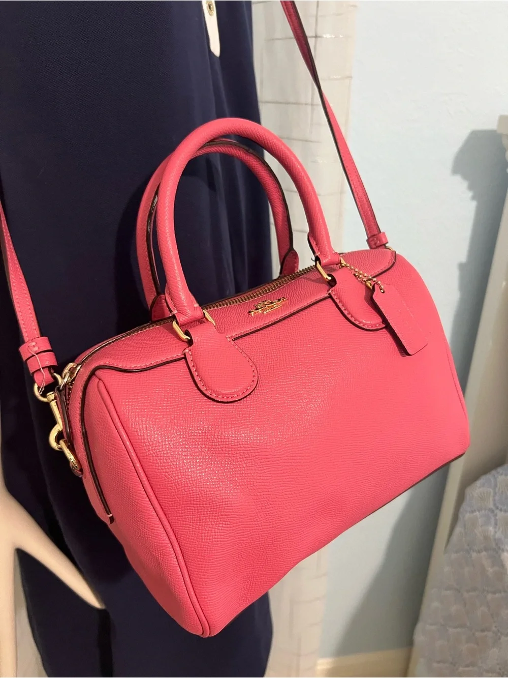 Coach Pink Pebbled Leather Mini Satchel with Crossbody Strap